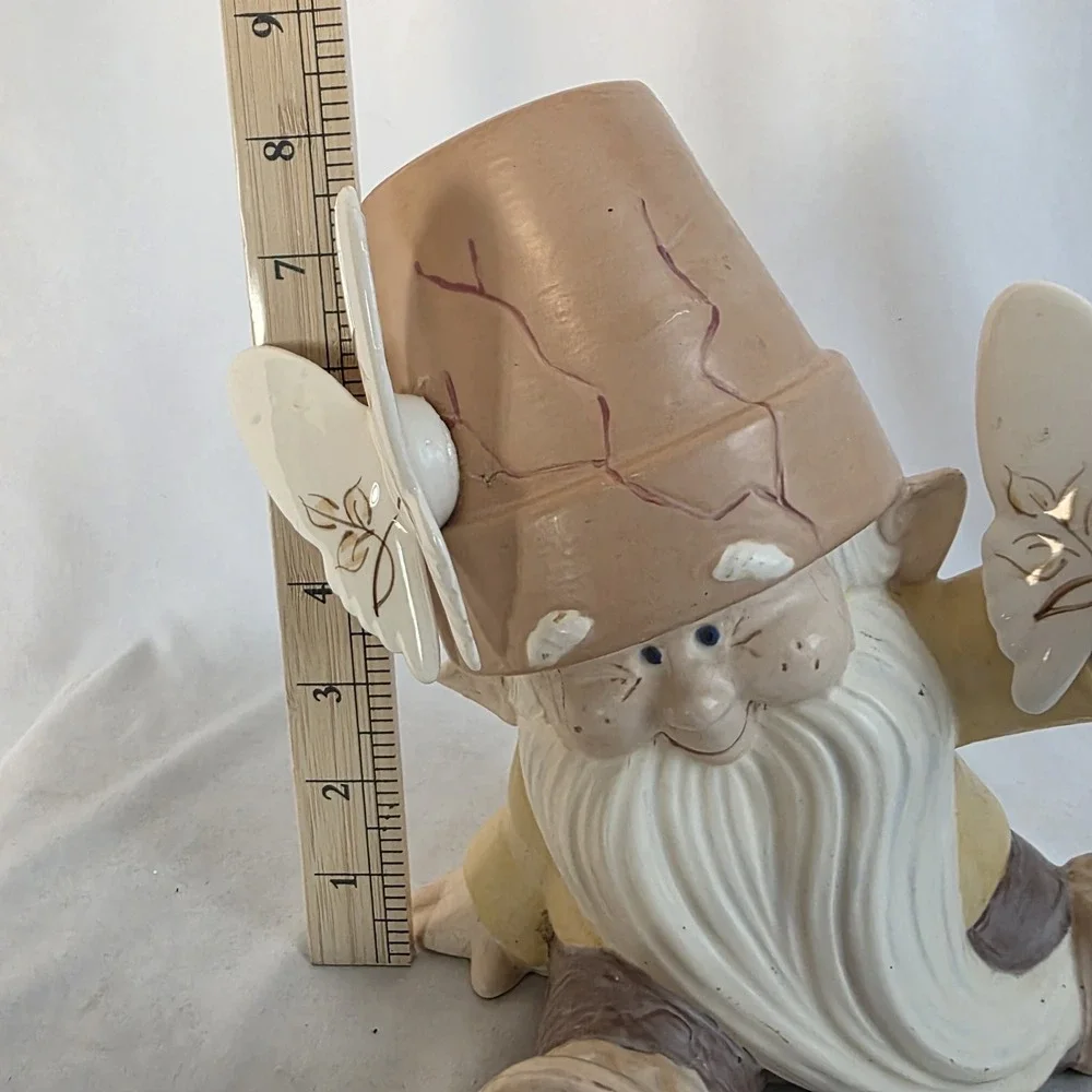 Vintage Dona 1542 Hand Painted Cracked Pot Garden Gnome w/ Homco 70s Butterflies
